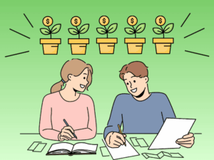 年代やライフステージに応じて家計を設計する別居婚夫婦のイラスト。お金を育てる未来志向を表現。