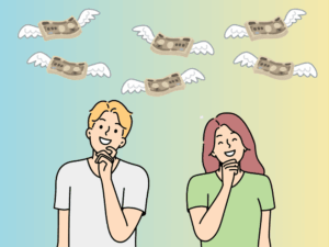別居婚で増える生活費に不安を感じるカップルのイラスト。空を飛ぶお札で出費の多さを表現。