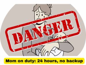 0歳育児のしんどさを表現したアイキャッチ。赤ちゃんを抱いた母親のイラストに「Mom on duty: 24 hours, no backup」の文字入り。ワンオペ育児の孤独と疲労を象徴