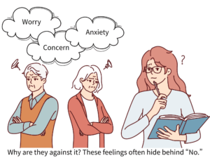 別居婚に反対する親の心配や不安をWorry・Concern・Anxietyで表現したイラスト。娘はどう説明すべきか悩んでいる。