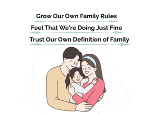 英語で「Grow Our Own Family Rules」など3つのメッセージが並ぶ、家族の絆を育てるイラスト