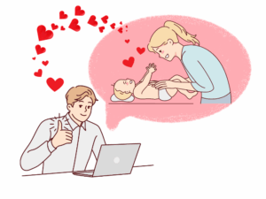 離れて暮らす夫婦が育児を共有し、愛情でつながる様子を描いたイラスト