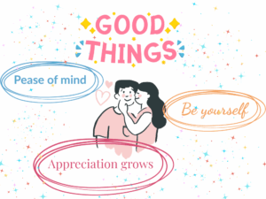 別居婚で得られる3つの良いこと：Peace of mind・Appreciation grows・Be yourself を伝えるイラスト画像