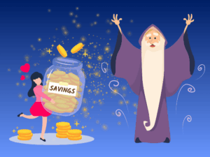 魔法使いと貯金瓶のイラスト｜節約を楽しく続けるイメージ