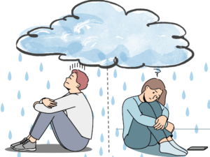 別居婚で気持ちがすれ違う男女のイラスト。寂しさや後悔、うまくいかない関係を象徴する雨雲の表現。