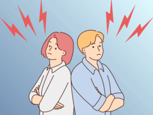 別居婚の価値観のズレでぶつかり合う男女のイラスト。すれ違いや対立を象徴する赤い稲妻の演出。